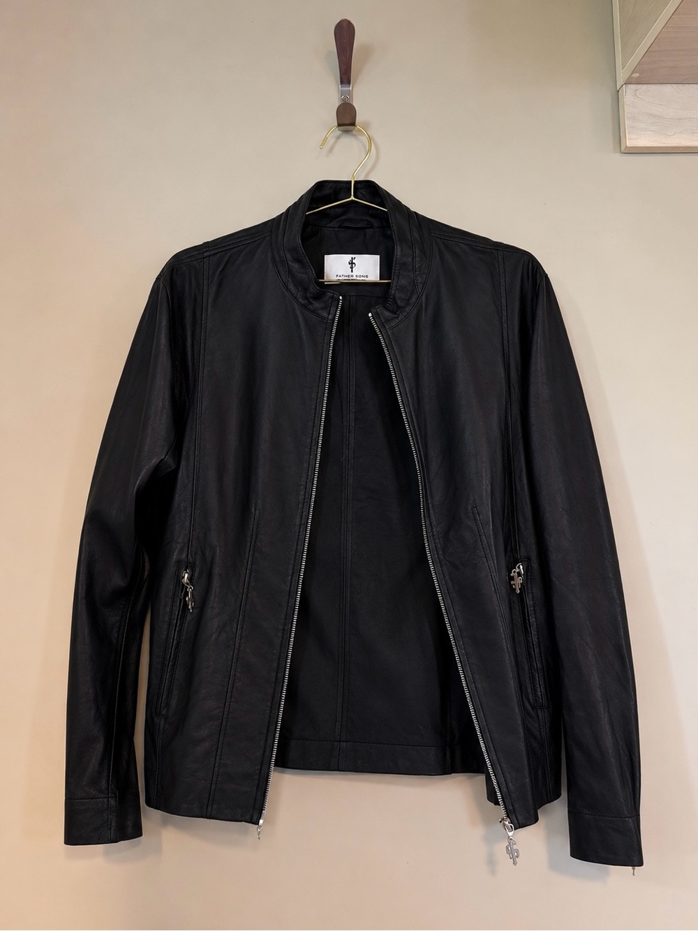Father Sons Black Lamb Leather Jacket Men’s Large Luxury Zip Moto Jacket